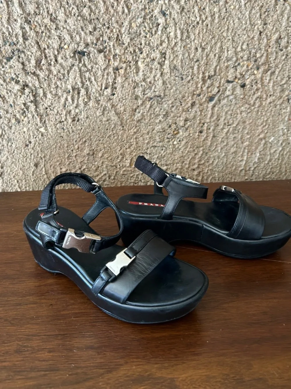Prada Black Leather Platform Sandals Made in Italy Size 36